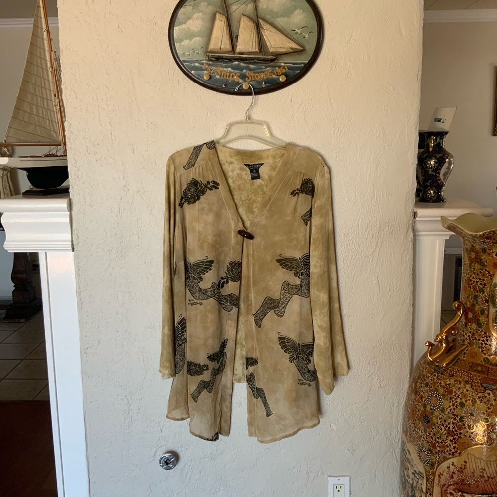 Citron Santa Monica Tan and Black Butterfly Blouse Cardigan